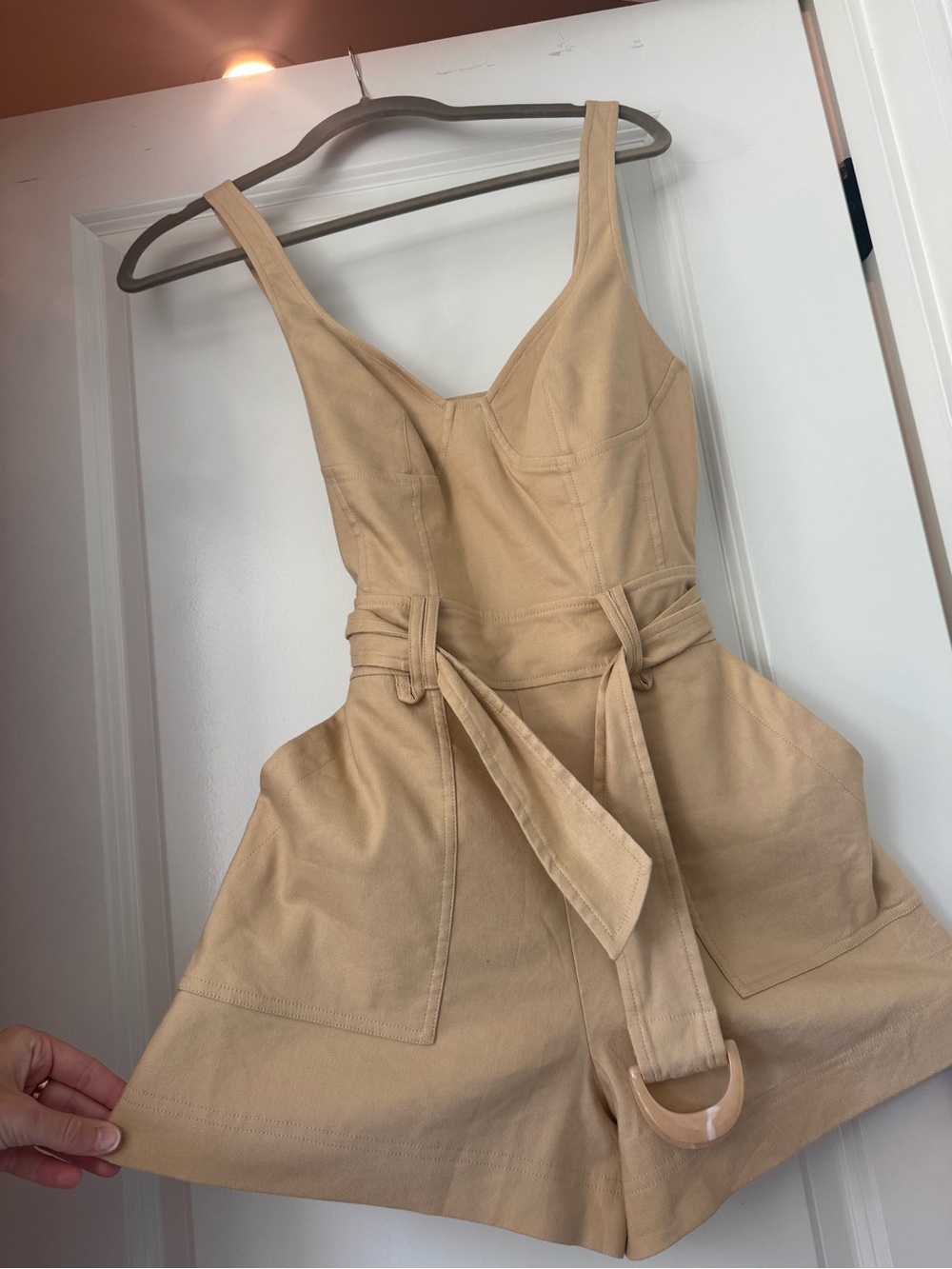 Beige Belted Sleeveless Romper with Pockets